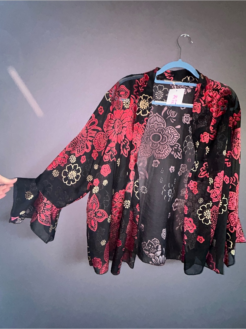 NICOLA Sheer Open-Front Kimono Cardigan - Black, Red & Gold